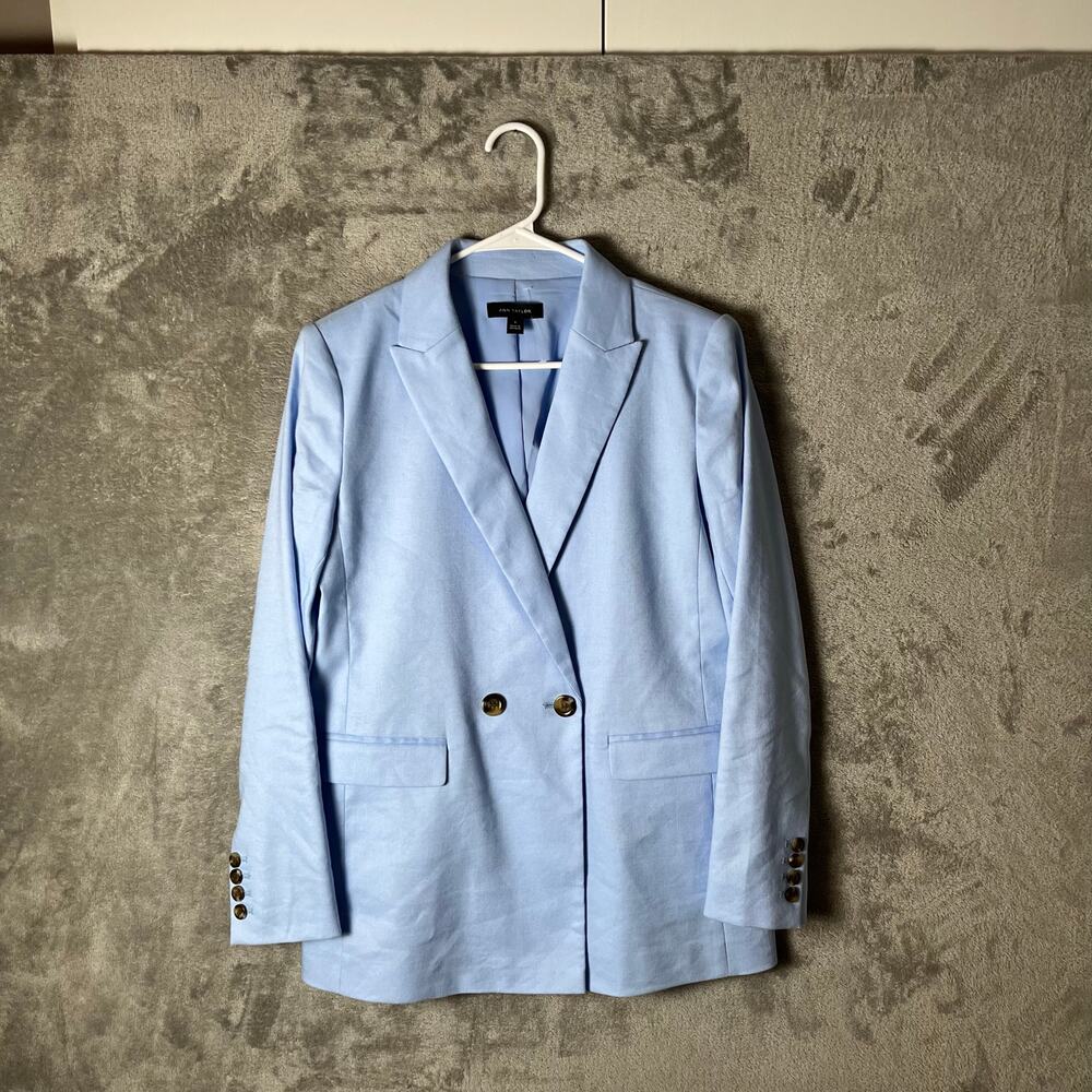 Ann Taylor The Oversized Peak Lapel Blazer Linen Twill Ojai Sky Blue Size 0